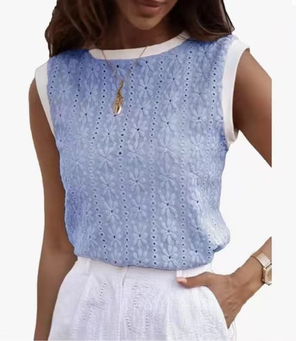 Women's Floral Texture Vest Casual Color Block Round Neck Sleeveless Top European American Style Summer Outerwear_ecoleips.com