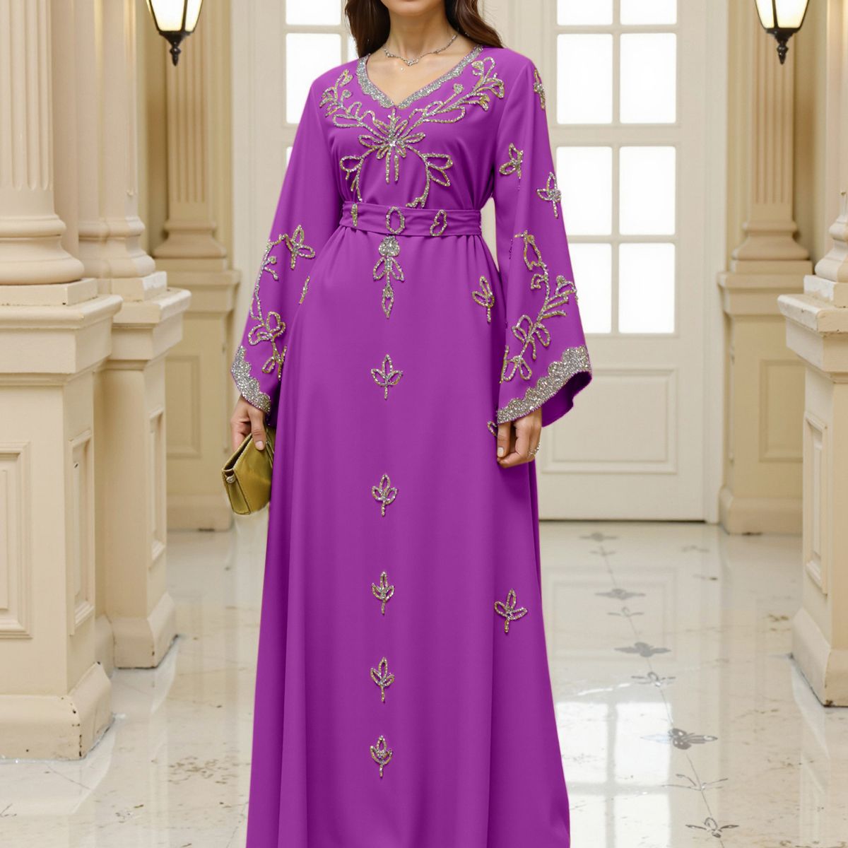 Elegant Embroidered Abaya Dress With Hand-Sewn Crystals – Loose Fit Long Sleeve Maxi Dress For Women, Dubai & Saudi Style_ecoleips.com