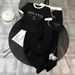 Women's Summer Short Sleeve T-Shirt Set Fashion Printed Casual Round Neck Two Piece Outfit Black Polyester_ecoleips.com