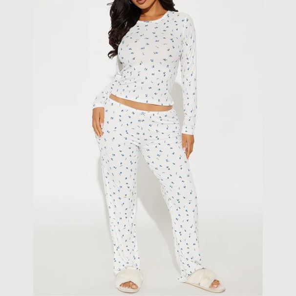 Women's Clothing Casual Flower Round Neck Long Sleeve Trousers Set Comfortable Home Wear Spring_ecoleips.com