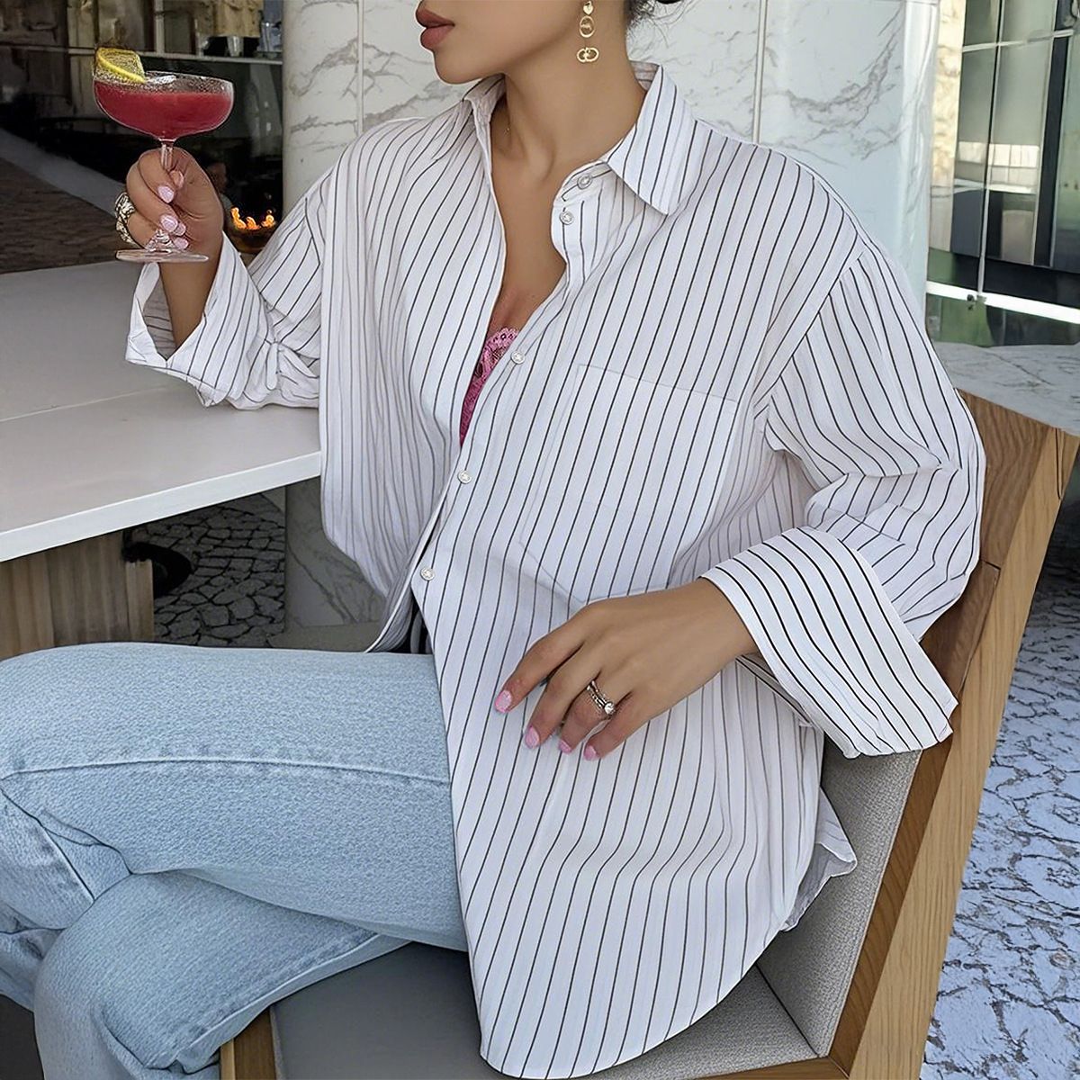DiYun Cross-Border Casual Resort Style Simple Striped Long-Sleeve Women's Shirt 2026 Summer Independent Station_ecoleips.com