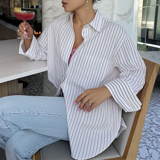 DiYun Cross-Border Casual Resort Style Simple Striped Long-Sleeve Women's Shirt 2026 Summer Independent Station_ecoleips.com