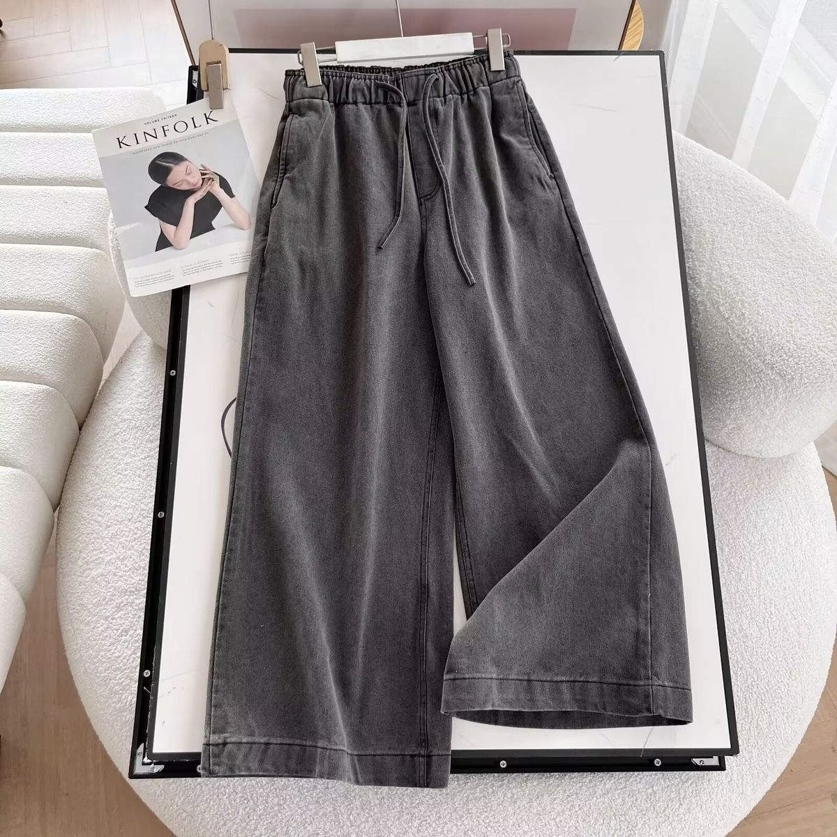 Women's Clothing Pullover Denim Shirt Straight Drape Wide Leg Pants Suit_ecoleips.com