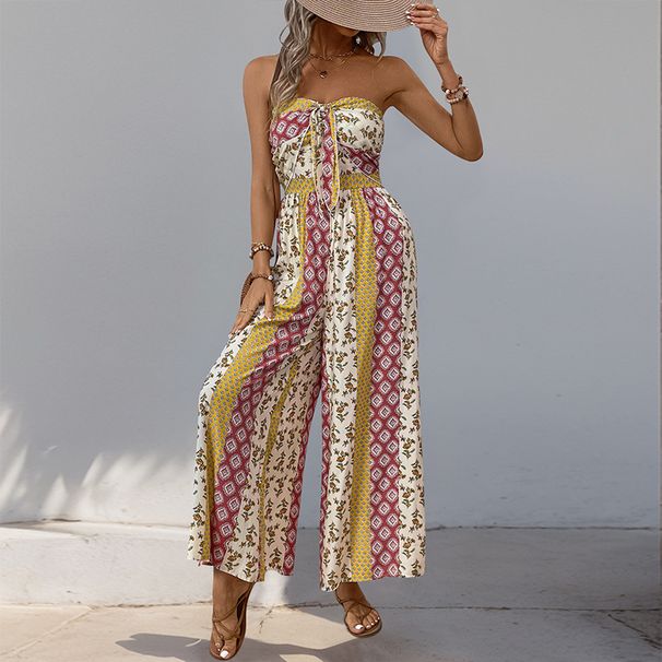 New Women's Summer Fashion Tie Jumpsuit With Ethnic Style Printed Casual Sleeveless Strapless Jumpsuit Wide Leg Pants_ecoleips.com