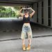 Summer High Street Women's Ripped Denim Mid-Length Shorts Slim Fit Straight Leg Distressed Washed Frayed Edges Five Point_ecoleips.com