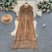 Elegant A-Line Long Sleeved Shirt Dress For Women With Tassel Design Slimming V-Neck Commuting Friendly High-End Style_ecoleips.com