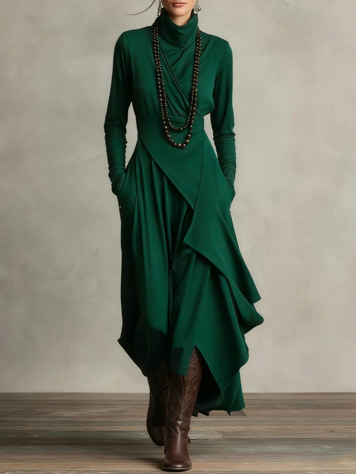 Elegant Front High Neck Knit Dress -Inspired Midi Dress (S-XXXL, 6 Colors, Polyester Blend)_ecoleips.com