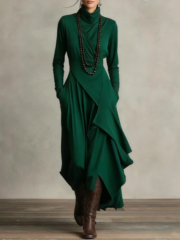 Elegant Front High Neck Knit Dress -Inspired Midi Dress (S-XXXL, 6 Colors, Polyester Blend)_ecoleips.com