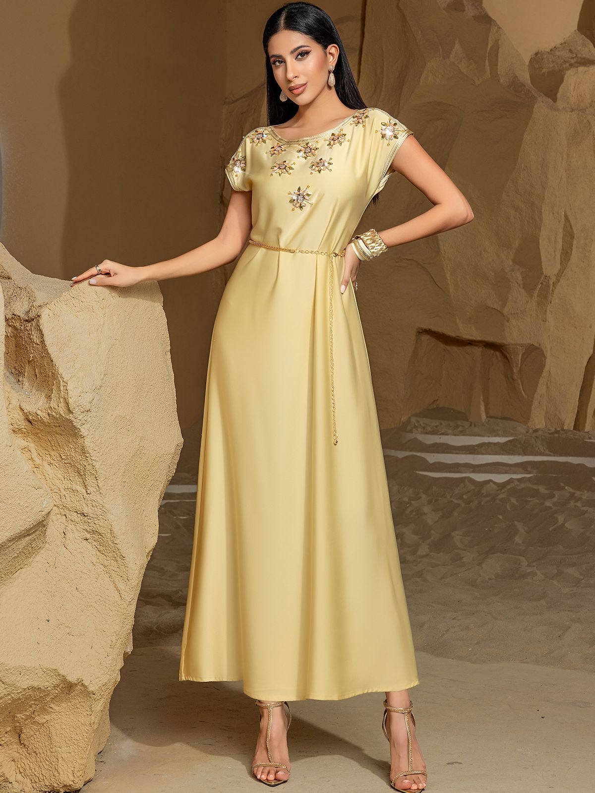 Women's Clothing New Champagne Satin Heavy Hand Sewn Diamond Short Sleeves Celebrity Style Retro Dress_ecoleips.com