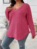 Women's Plus Size V-Neck Long Sleeve T-Shirt - Soft Brushed Striped Casual Top, Loose Fit Pullover For Autumn & Winter_ecoleips.com