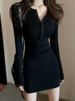 Autumn Winter Mini Dress Women V Neck Button Sexy Sweater Elegant Bodycon Dresses Long Sleeve Robe Short Skirt Waist Solid_ecoleips.com