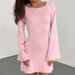 European And American Style Sexy Backless Round Neck Bell Sleeve Solid Color Knitted Long Sleeve Dress Beach Cover Up_ecoleips.com