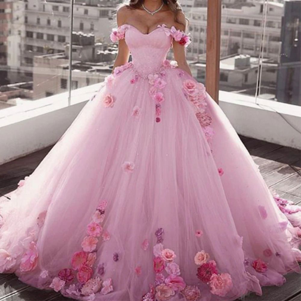 One Shoulder Princess Skirt Sweetheart Coming Of Age Ceremony Dress Elegant 3D Flower Sleeves Ball Gown Formal Sweet Three Dimensional_ecoleips.com