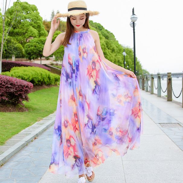 Sleevele Off-shoulder Chiffon Floral Print European And American Style Fresh For Women 2023 New Summer Halter Neck_ecoleips.com