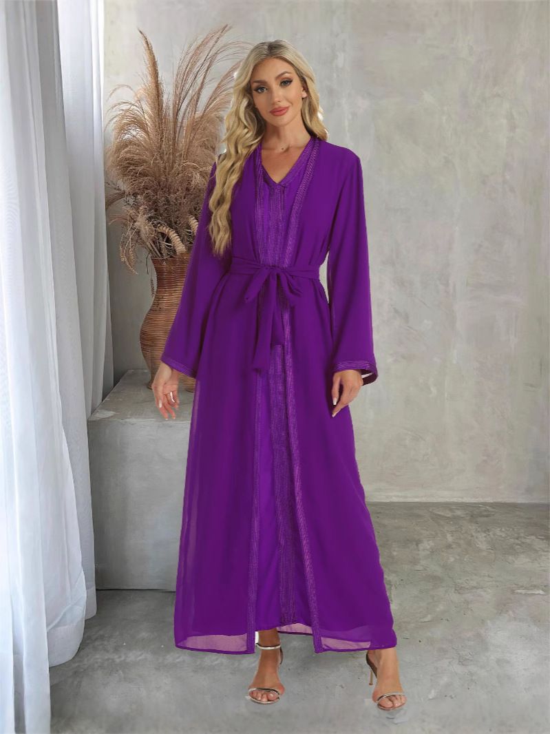 Arabic Kaftan Dress Two-Piece Set Chiffon Dubai Travel Outfit Women's Clothing_ecoleips.com