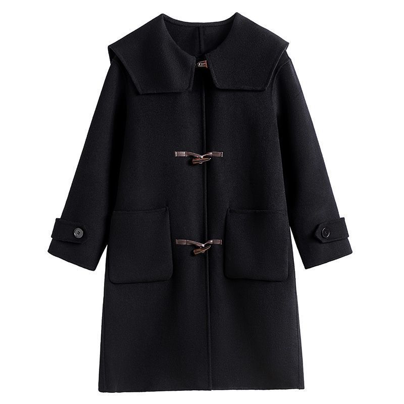 Autumn And Winter Black Medium And Long Navy Collar Woolen Coat For Women, Loose Large Size Hepburn Wind Horn Buckle Woolen Coat For Women_ecoleips.com
