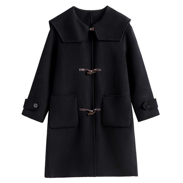 Autumn And Winter Black Medium And Long Navy Collar Woolen Coat For Women, Loose Large Size Hepburn Wind Horn Buckle Woolen Coat For Women_ecoleips.com