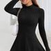 WG120 Spring New Women's Slim-Fit Ribbed Long-Sleeve Fleece Waist-Cinching A-Line Striped Stand Collar Dress_ecoleips.com