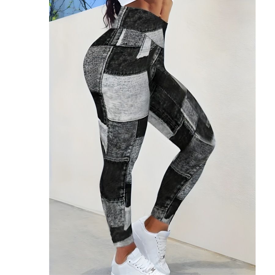 Women's Clothing Imitation Denim Plaid Peach Print Trousers Yoga Fitness Trousers Sports High Waist Hip Tights_ecoleips.com