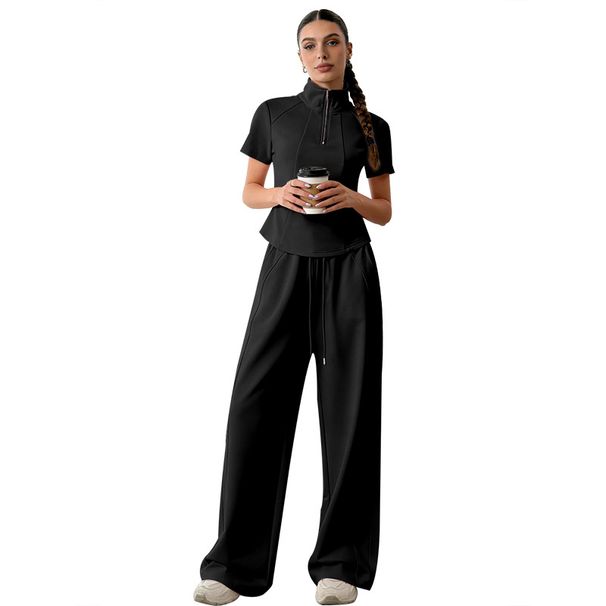 Women's Clothing Women's Solid Color Summer Fashion Casual Trousers Set Short Sleeve Lapel Top And Bottoms Style_ecoleips.com