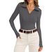 Women's Long Sleeved Casual Top European American Style V Neck Ribbed Knit Sweater Slim Fit Autumn Winter Top with Collar_ecoleips.com