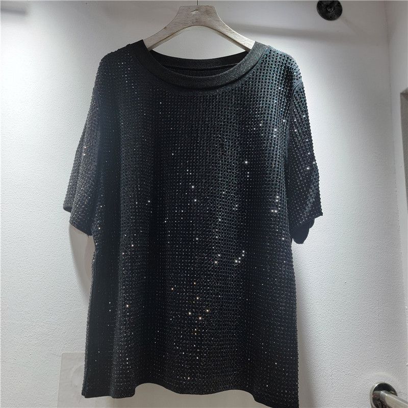 Women's Style Slimming T-Shirt Rhinestone Covered Round Neck Short Sleeve Plus Size Loose Fit Versatile Flattering Top_ecoleips.com