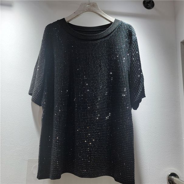 Women's Style Slimming T-Shirt Rhinestone Covered Round Neck Short Sleeve Plus Size Loose Fit Versatile Flattering Top_ecoleips.com