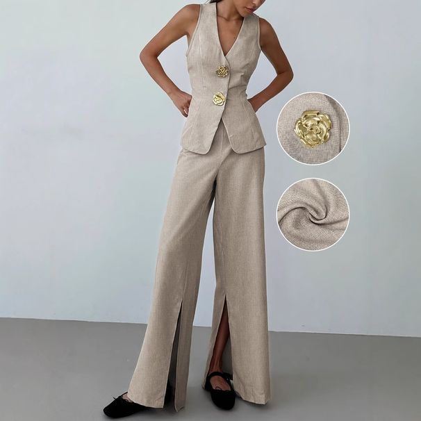 Women's Clothing Temperament Spring And Summer Thin Breathable V Neck Sleeveless Vest Trousers Slit Wide Leg Pants Suit 2 Pieces_ecoleips.com