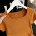 Women's Pumpkin Orange Square Neck Short Sleeve Knit T-Shirt Hollowed Out Back Buttons Spring Summer Style Top_ecoleips.com