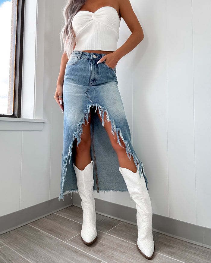 Women's Clothing Skirt High Waist Irregular Raw Edge Distressed Washed Skirt Women_ecoleips.com