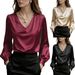 Elegance Puff Sleeve V Neck Satin Long Sleeve Shirt For Women New Relaxed Everyday Wear Comfortable Feshion_ecoleips.com