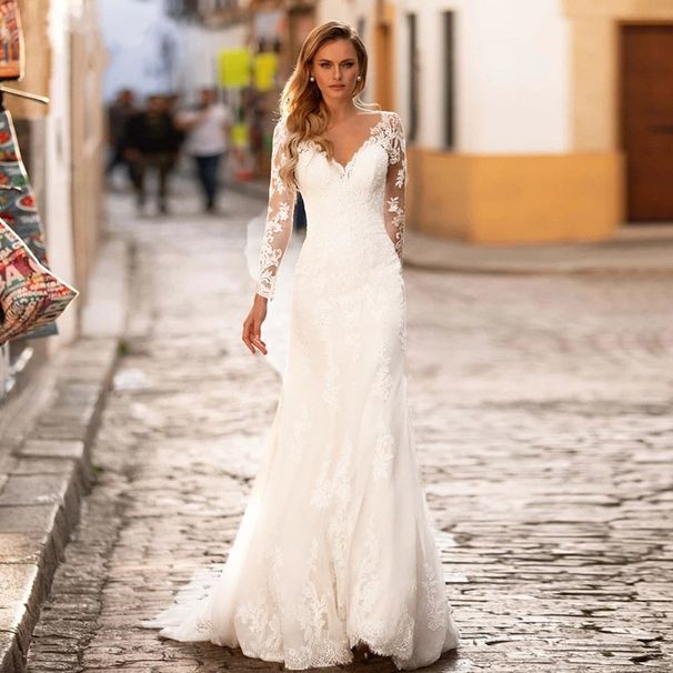 Elegant Long Sleeve Wedding Dress With Deep V-Neck & Low Back, Soft Lace & Chiffon, Slimming A-Line Silhouette With Small Train_ecoleips.com