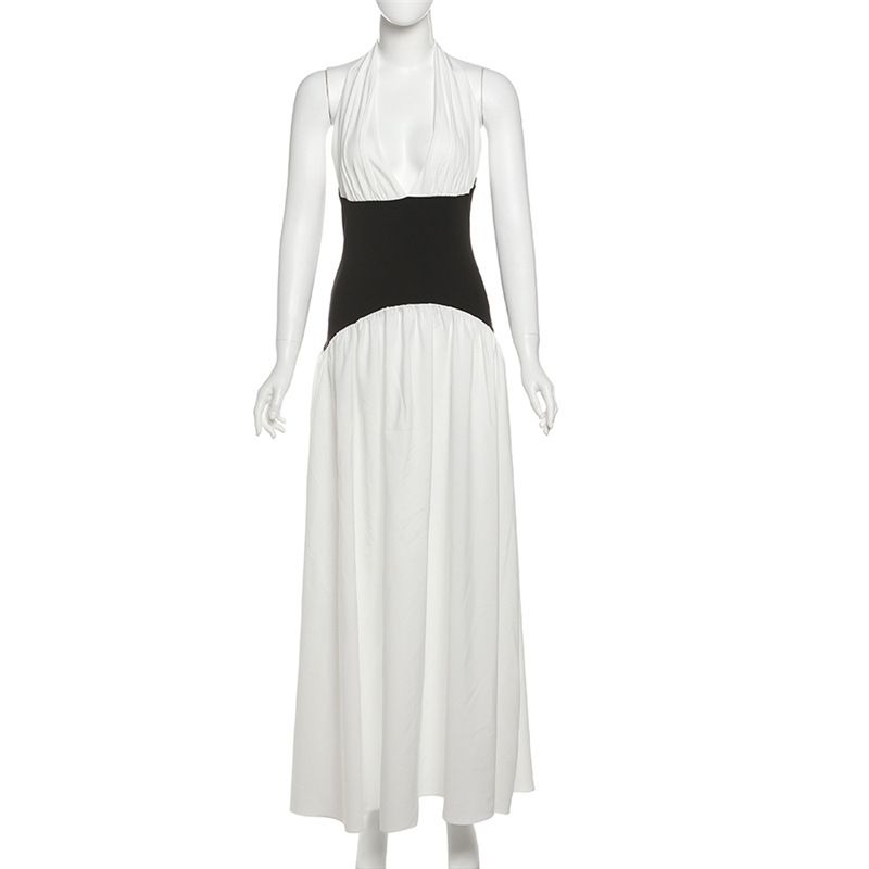 Women's Clothing Fashion Sexy V Neck Halter Neck Color Matching Waist Dress_ecoleips.com