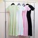 Women's Pearl Embellished Long Dress, Summer Round Neck Short Sleeve Knit Dress, Hollow Out Waist Defining Dress, Vacation/Beach Dress_ecoleips.com