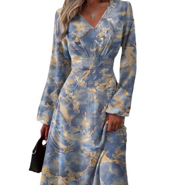 European American Cross-border 2025 Spring And Autumn New Slim-fit Fashion Printed V-neck Long-sleeve Dress For_ecoleips.com