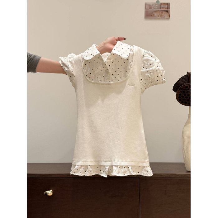 Korean Sweet Top Quality Style White Polka Dot Faux Two-Piece Puff Sleeve T-Shirt For Women, Summer Turn-Down Collar, Patchwork Doll_ecoleips.com
