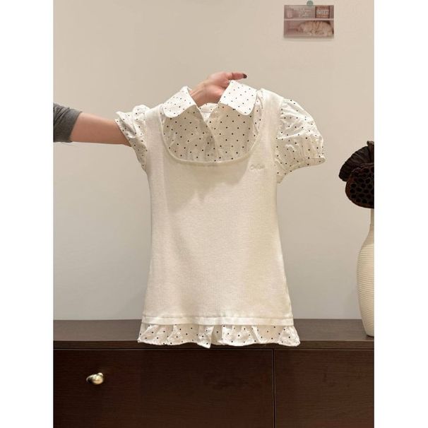 Korean Sweet Top Quality Style White Polka Dot Faux Two-Piece Puff Sleeve T-Shirt For Women, Summer Turn-Down Collar, Patchwork Doll_ecoleips.com