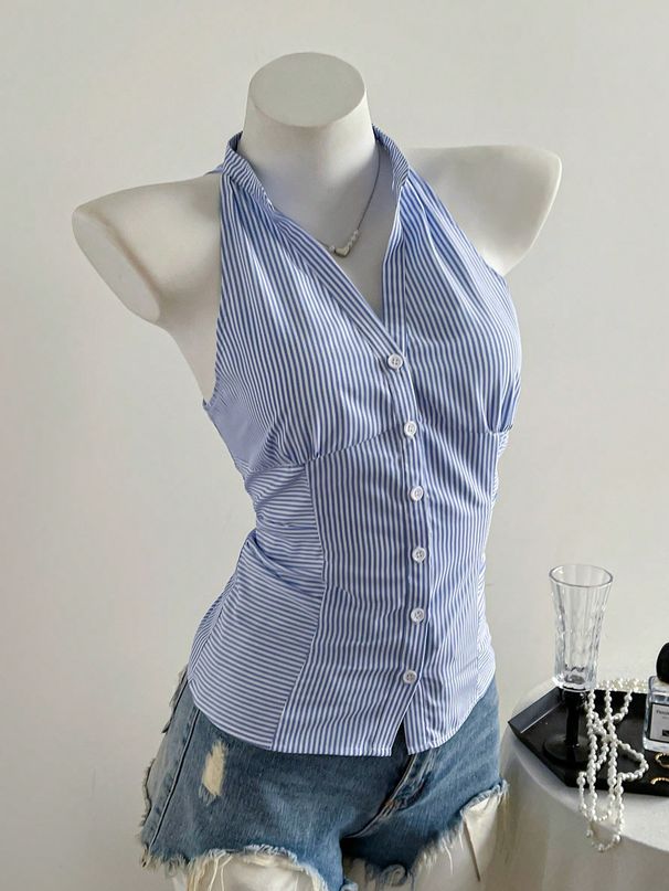 French Waist Pinched Shoulder Striped Sleeveless Shirt Women's Summer Slim Fit Design Sense Niche Short Neck Chiffon Top_ecoleips.com