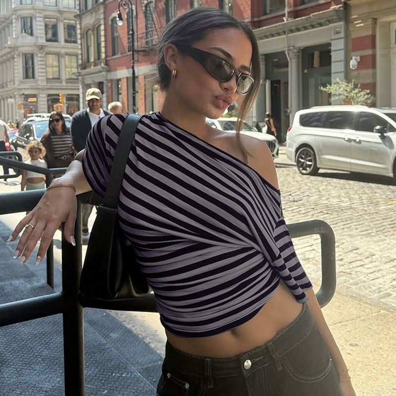 American Retro Striped Off-Shoulder T-Shirt Slimming Waist Women's Fashion Top European Style Regular Fit_ecoleips.com