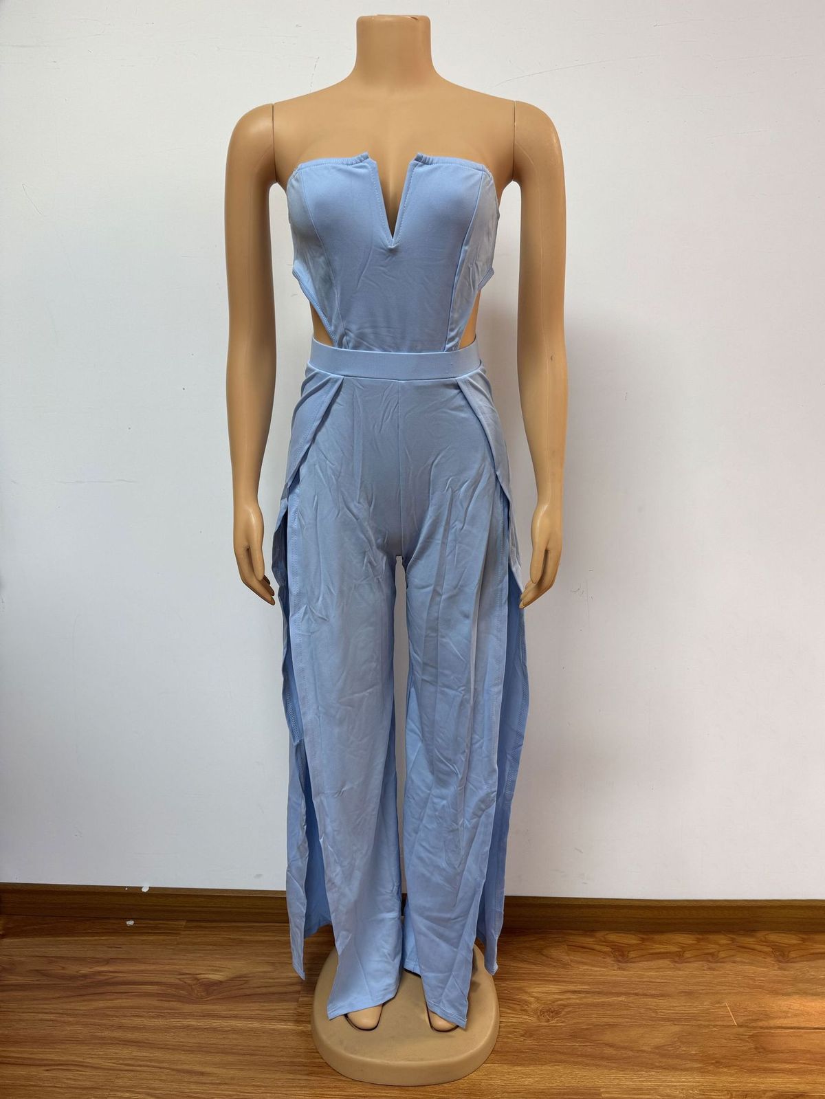 Women's Clothing V Neck Hollow Slim Backless Waist Fashion Splicing Slit Jumpsuit_ecoleips.com