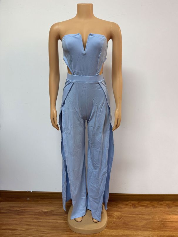 Women's Clothing V Neck Hollow Slim Backless Waist Fashion Splicing Slit Jumpsuit_ecoleips.com