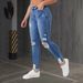 Summer 2027 Fashion Light Blue Jeans Women Cotton Mid Waist Comfortable Elasticity Distressed Design Broken Hole Washed Small Foot Denim Pants_ecoleips.com