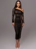 Mozision Diagonal Collar Long Sleeve Midi Dress For Women Two Layer Mesh Backless Ruched Bodycon Club Party Sexy Long Dress_ecoleips.com