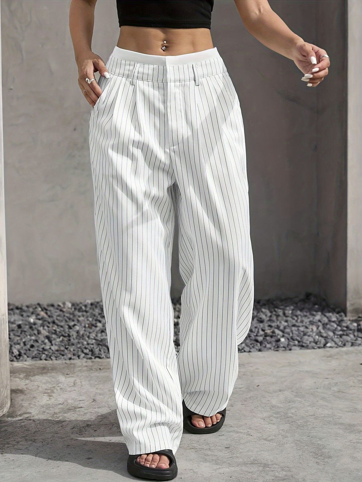 High Waisted Striped Suit Pants for Women European And American Style Straight Leg Fashion Casual Commuting Trousers 2025 New Arrival_ecoleips.com