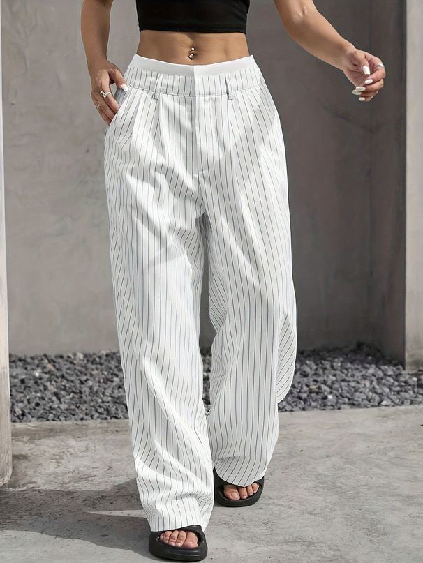 High Waisted Striped Suit Pants for Women European And American Style Straight Leg Fashion Casual Commuting Trousers 2025 New Arrival_ecoleips.com