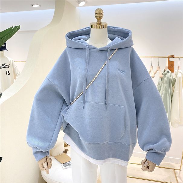 Sweater Women's Fleece Thickened 2026 New Splicing Fake Two Pieces Simple Embroidery Loose Hooded Jacket_ecoleips.com