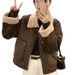 Women's Clothing Thickened Fleece Collar Jacket Women's Winter Short Bomber Coat Cozy Faux Shearling Zip-Up Outerwear (Brown, Khaki)_ecoleips.com
