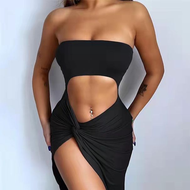 Stylish Solid Sexy Hollow Out Crop Tube Top High Split Slim Dress For Club Party_ecoleips.com