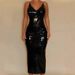Women's Clothing Pu Leather Suspender Dress Female Black Sexy V Neck Low Cut Hip Skirt Long Skirt_ecoleips.com