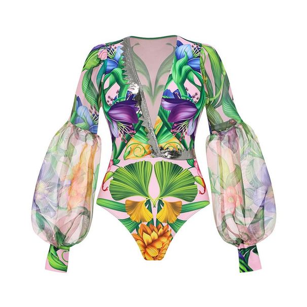 Deep V-Neck Lantern Sleeve One-Piece Swimsuit – Floral Print Beach Cover-Up Set (UPF 50+ Sun Protection, Tummy Control)_ecoleips.com